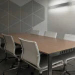 Modern kitchen with sleek design and geometric wall patterns in Manhattan.